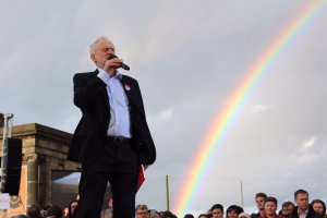 Jeremy Corbyn at rally on 6 June 2017 - with Rainbow