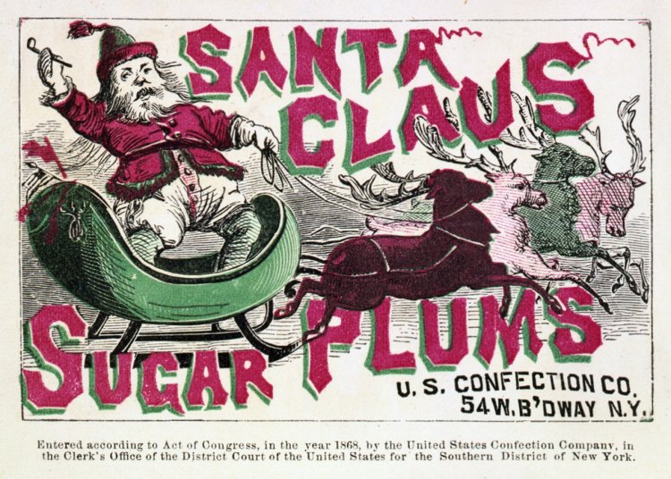 Santa Claus Sugar Plums. Confection label, showing Santa Claus on sleigh with reindeer. From 1868