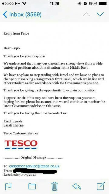 Tesco reply to Email about Boycotting Israeli products