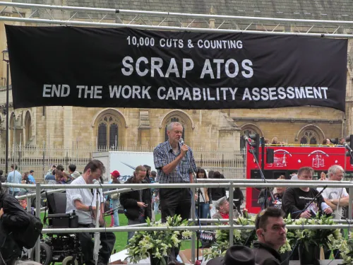 Jeremy Corbyn Speaking at ATOS demo in London - 28 september 2013